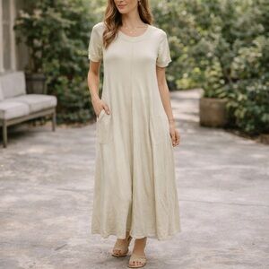 Alfani Cream Knit Maxi Dress | Short Sleeve | Pockets | Minimal Chic | S